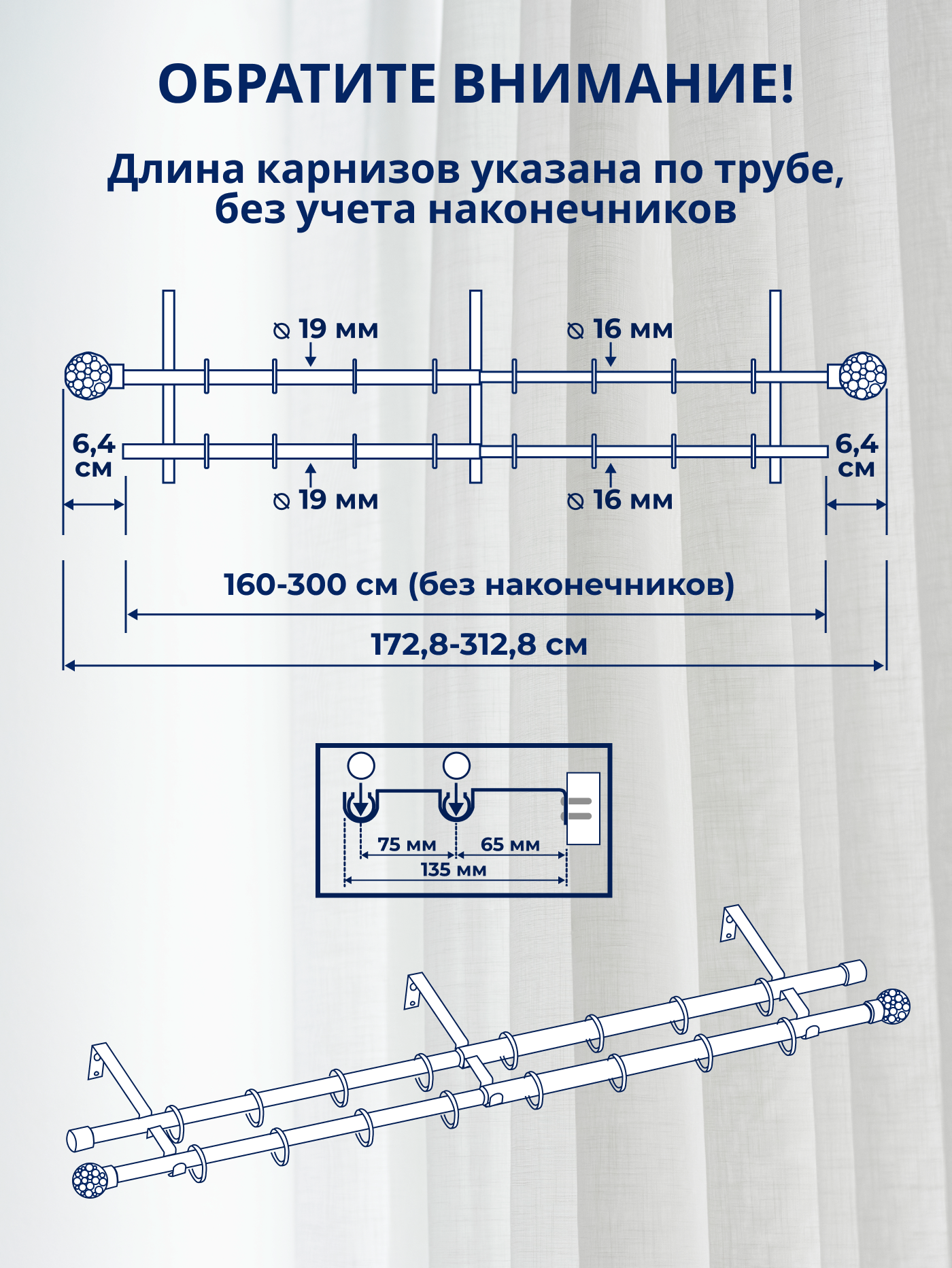 Карниз для штор Sundays Home Ажур Раздвижной 16/19мм 2-рядный (белый глянец, 1.6-3м) — фото 4