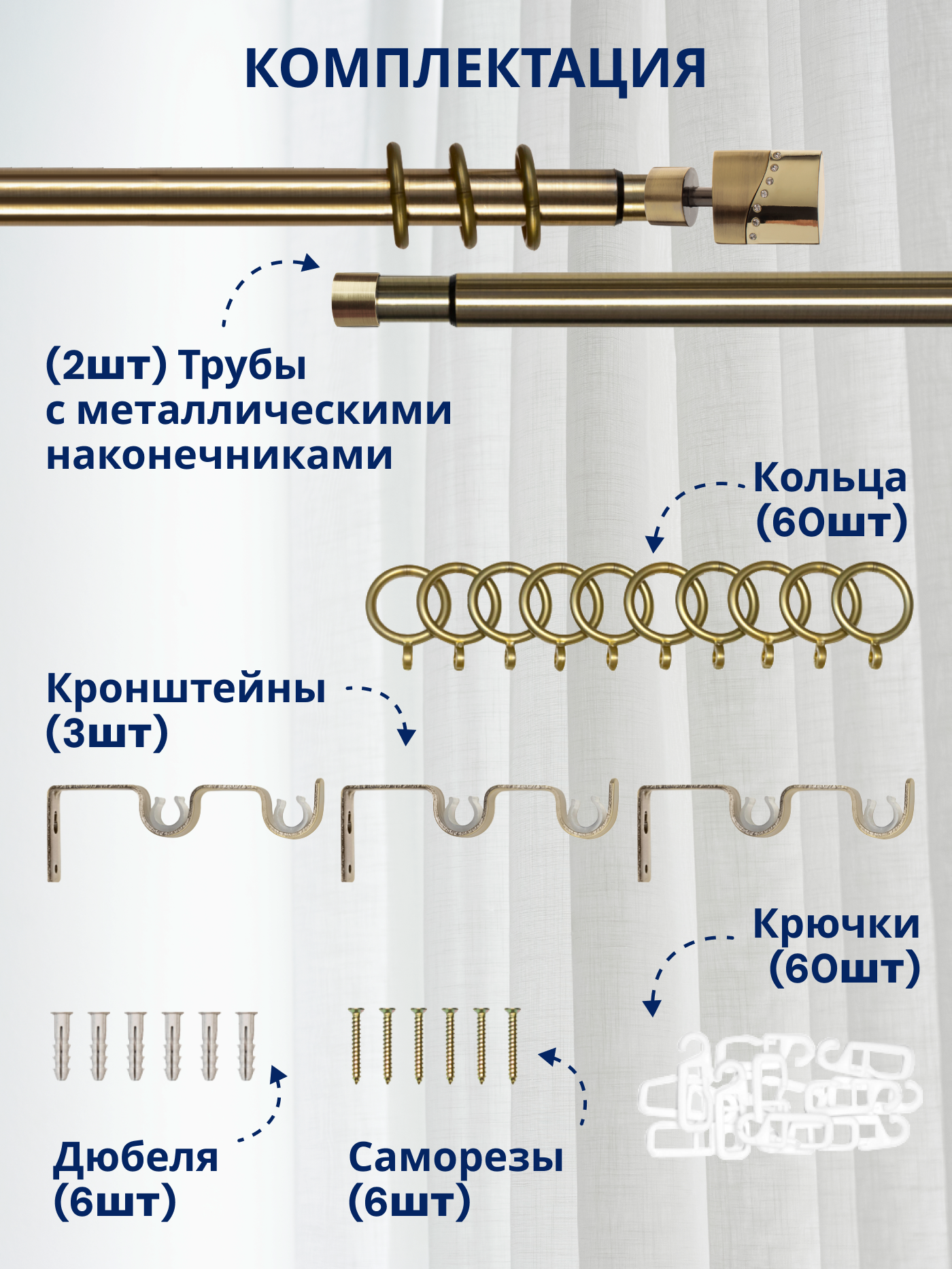 Карниз для штор Sundays Home Техно Раздвижной 16/19мм 2-рядный (антик, 1.6-3м) — фото 3