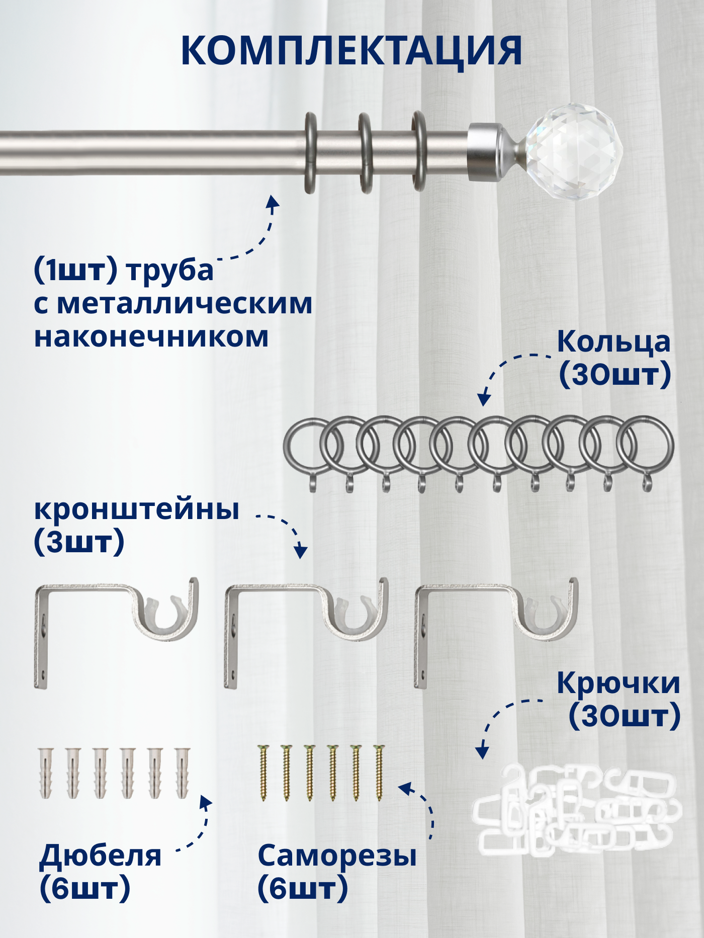Карниз для штор Sundays Home Кристалл Раздвижной 16/19мм 1-рядный (сатин, 1.6-3м) — фото 3