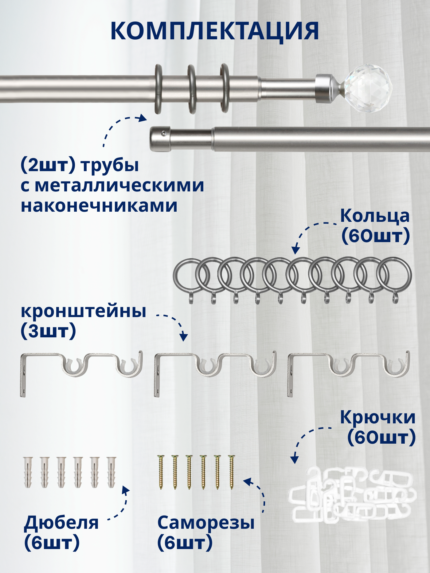 Карниз для штор Sundays Home Кристалл Раздвижной 16/19мм 2-рядный (сатин, 1.6-3м) — фото 3