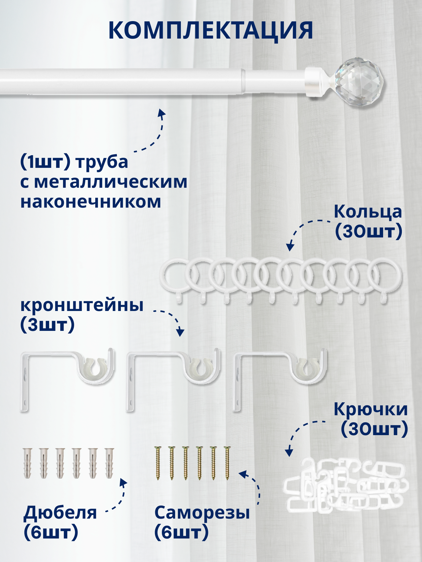 Карниз для штор Sundays Home Кристалл Раздвижной 16/19мм 1-рядный (белый глянец, 1.6-3м) — фото 3