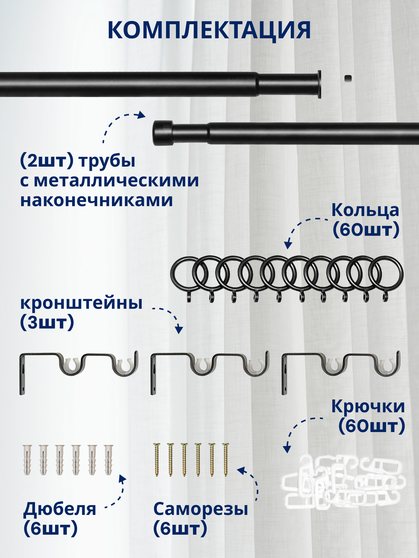 Карниз для штор Sundays Home Кристалл Раздвижной 16/19мм 2-рядный (черный матовый, 1.6-3м) — фото 3