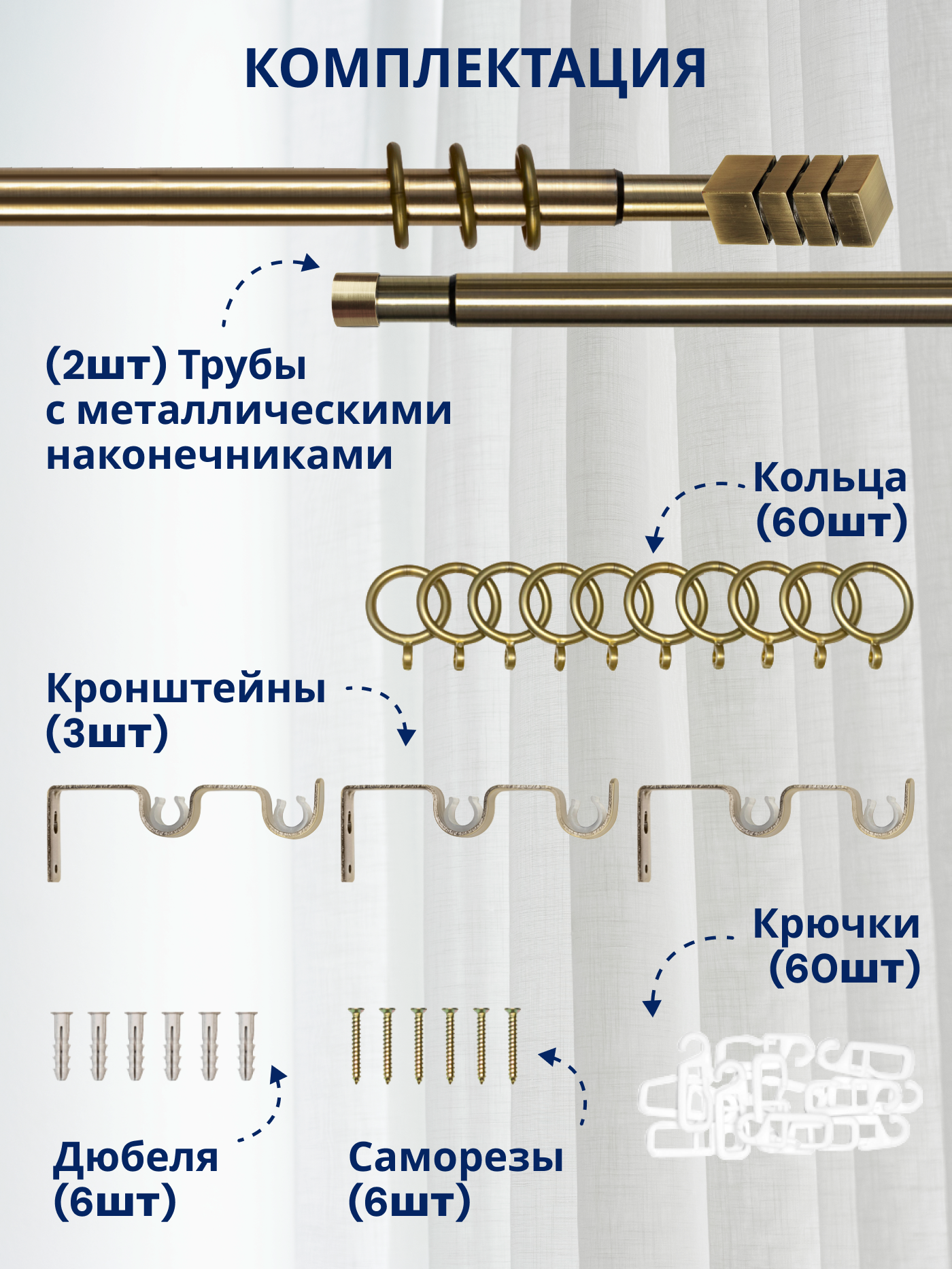 Карниз для штор Sundays Home Модерн Раздвижной 16/19мм 2-рядный (антик, 1.6-3м) — фото 3