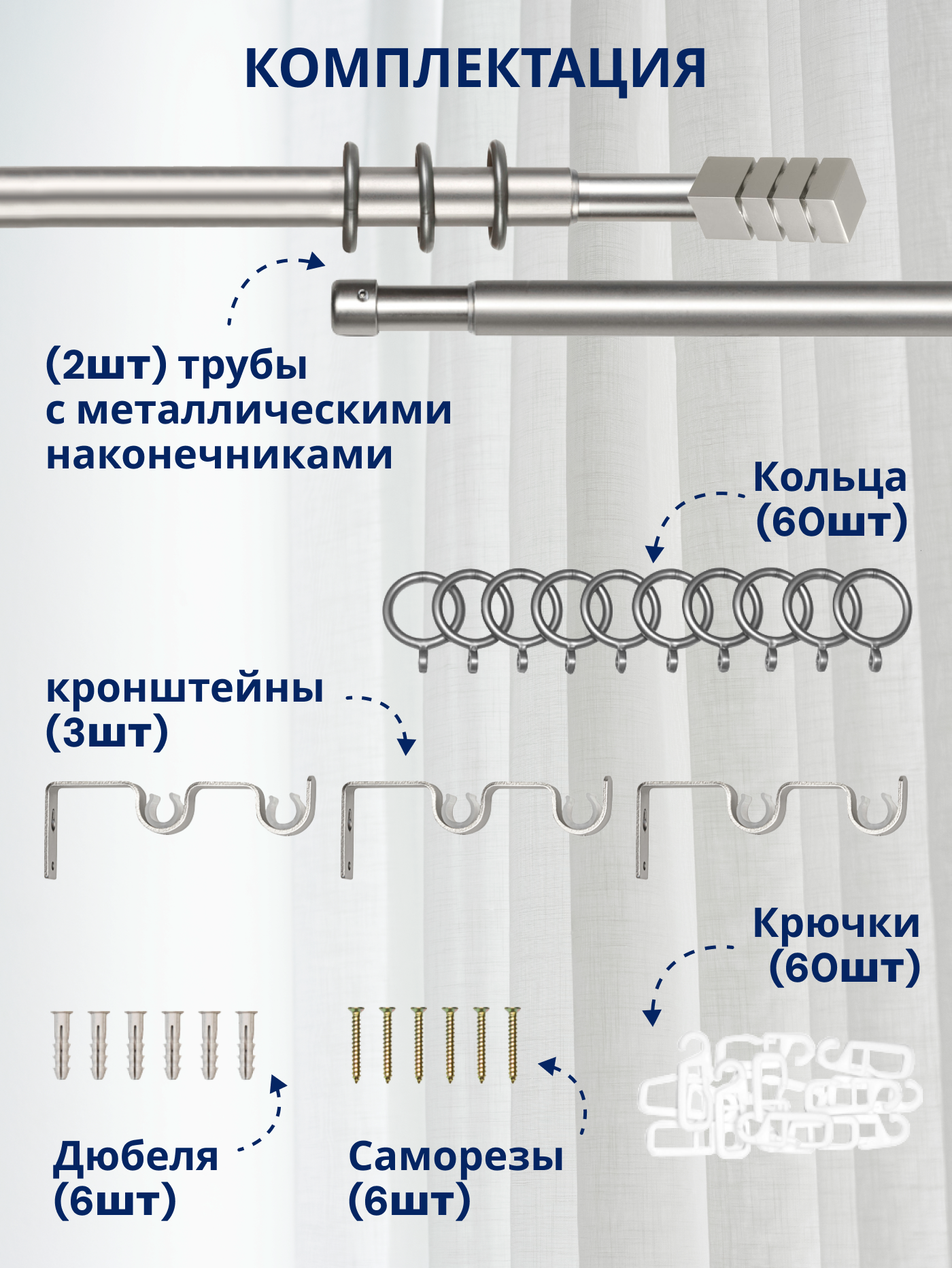 Карниз для штор Sundays Home Модерн Раздвижной 16/19мм 2-рядный (сатин, 1.6-3м) — фото 2