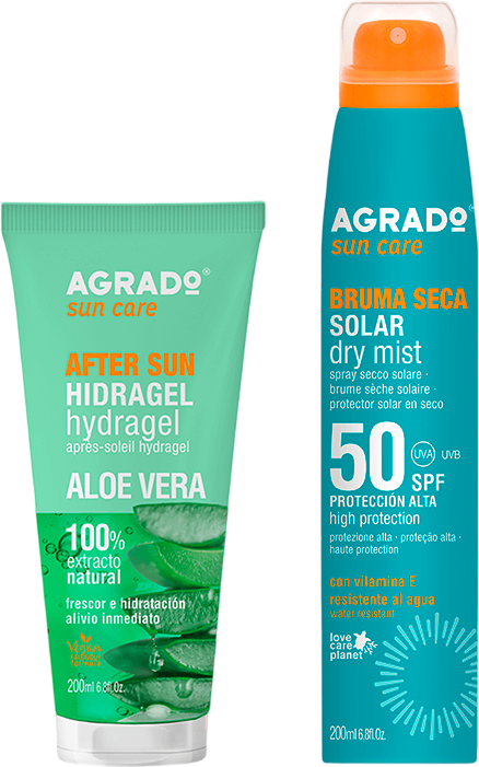 Набор косметики для тела Agrado Солнцезащитный сухой мист SPF 50+Гель после загара Алоэ вера (2x200мл)