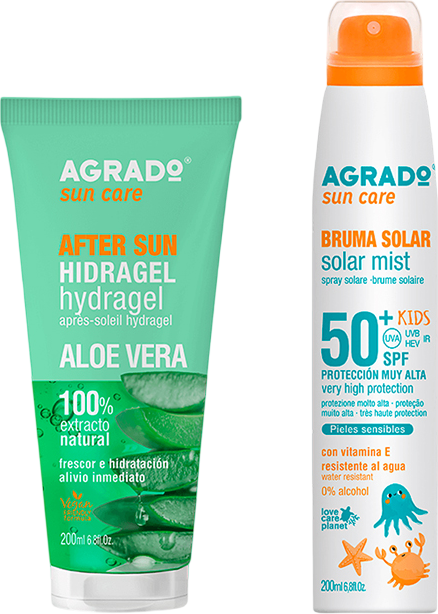 Набор косметики для тела Agrado Детский солнцезащитный мист SPF50+Гель после загара Алое вера (2x200мл)