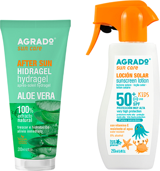 Набор косметики для тела Agrado Детский солнцезащитный лосьон SPF50+ + Гидрогель после загара (250мл+200мл)