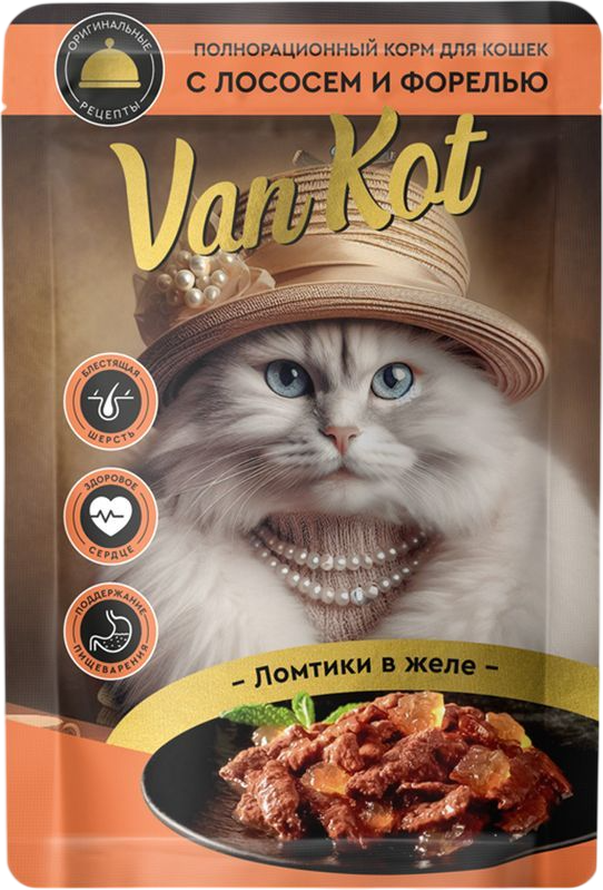 Влажный корм для кошек Van Kot Ломтики в желе с лососем и форелью (75г)