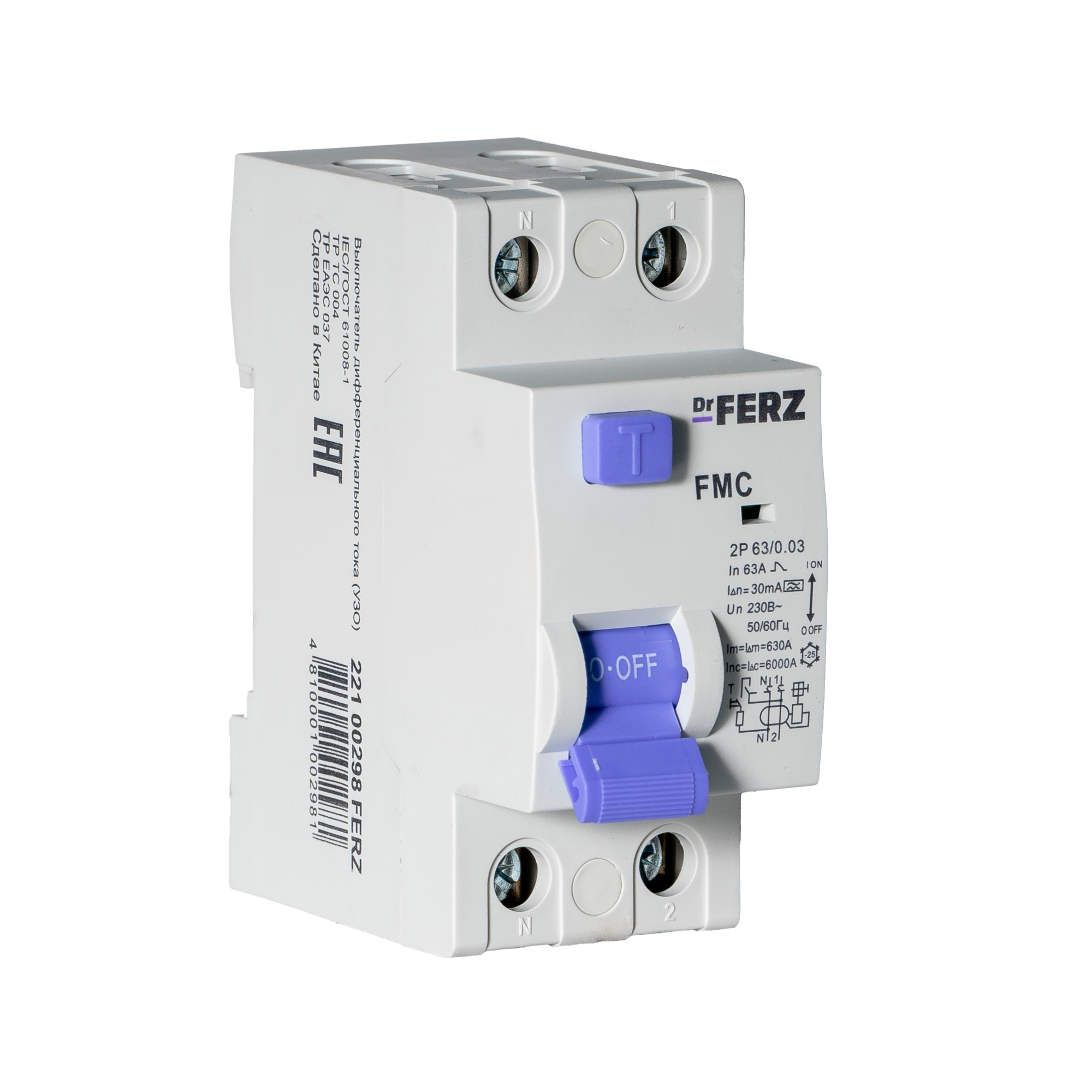Устройство защитного отключения Dr.Ferz FMC-1P+N 63A 30mA 6kA A 2M / 22100298FERZ