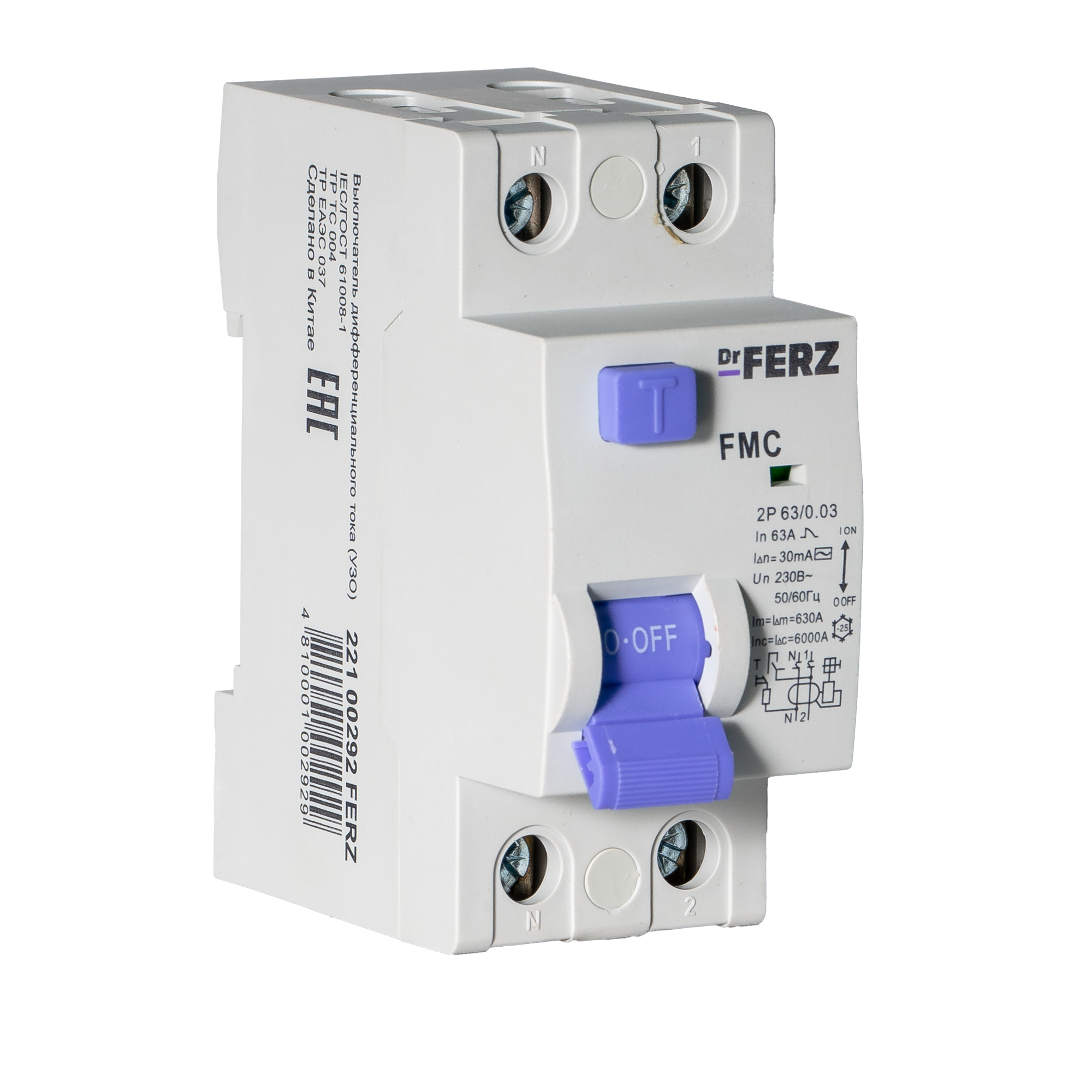 Устройство защитного отключения Dr.Ferz FMC-1P+N 63A 30mA 6kA AC 2M / 22100292FERZ