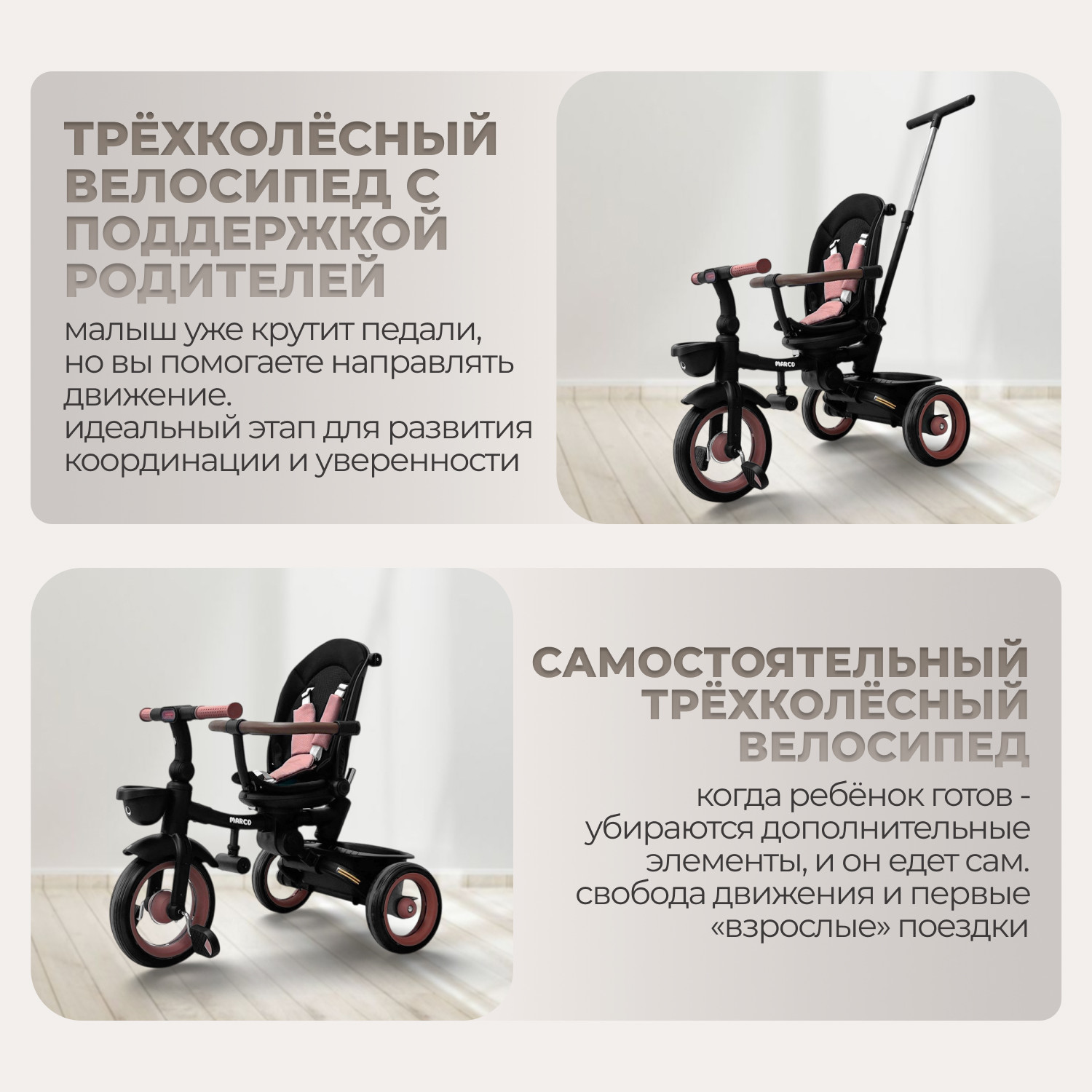 Трехколесный велосипед с ручкой Bubago Marco BG 214-1 (розовый) — фото 4