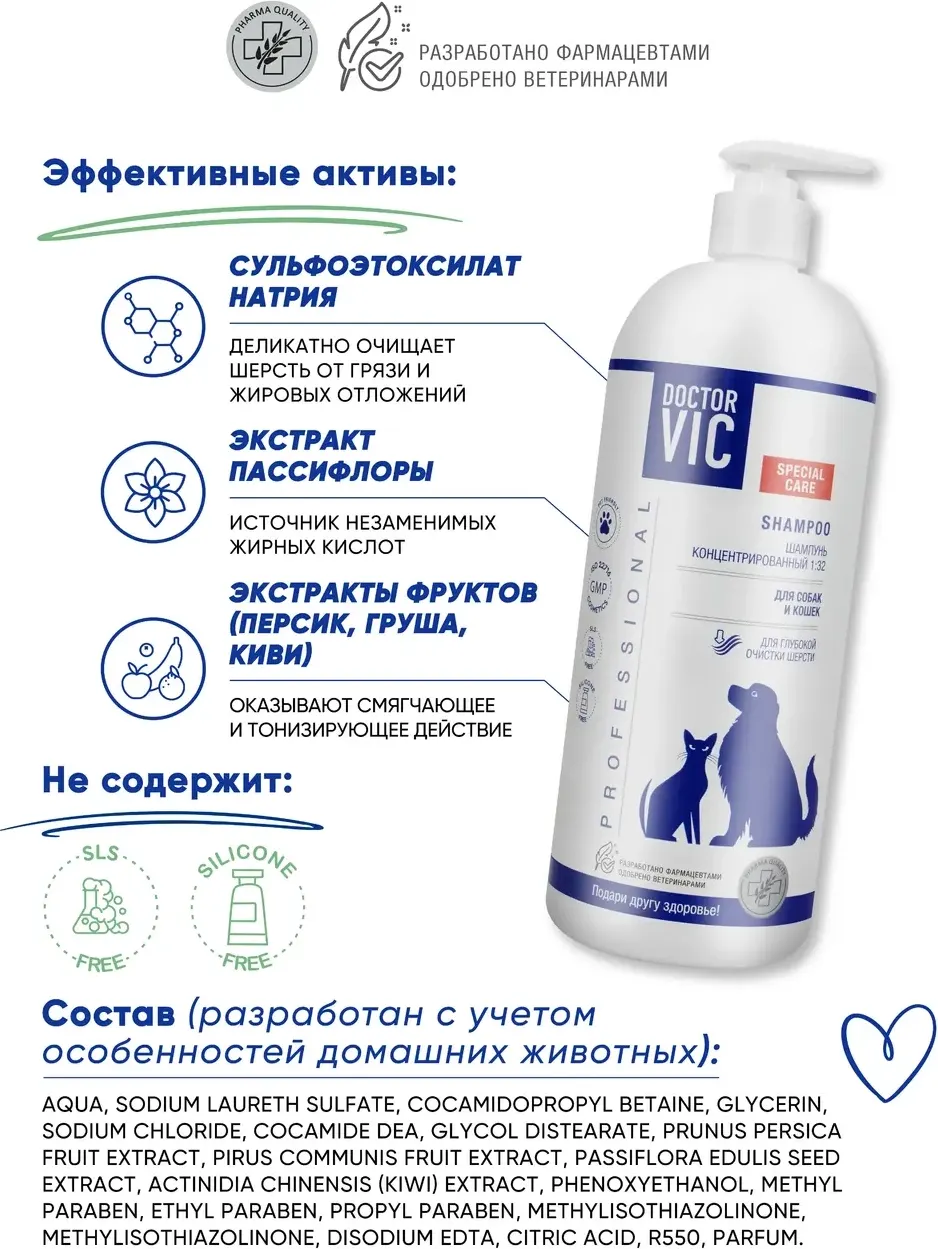 Шампунь для животных Doctor VIC Для глубокой очистки шерсти собак и кошек (1000мл) — фото 2