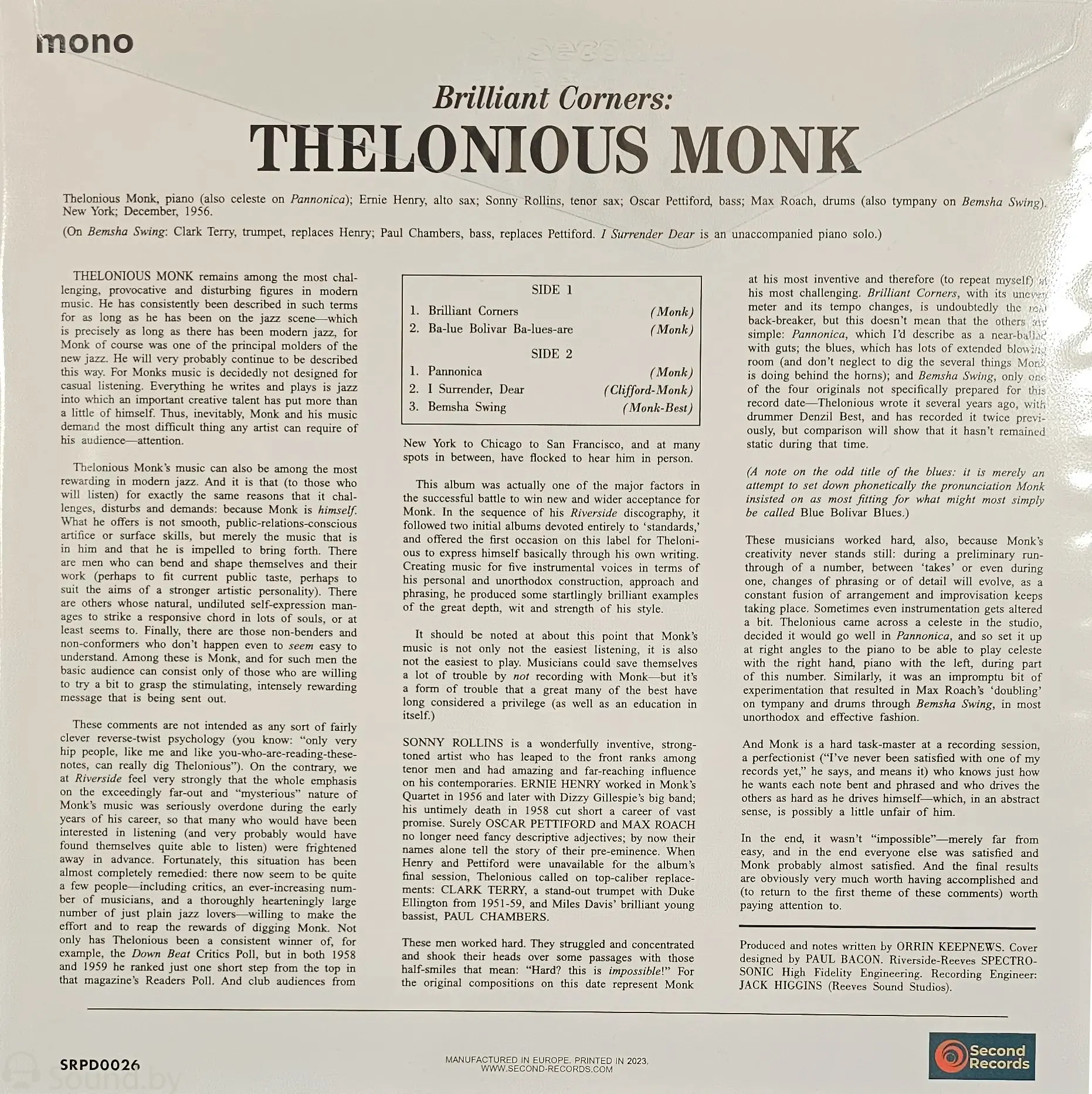 Виниловая пластинка Second Records Thelonious Monk - Brilliant Corners — фото 3