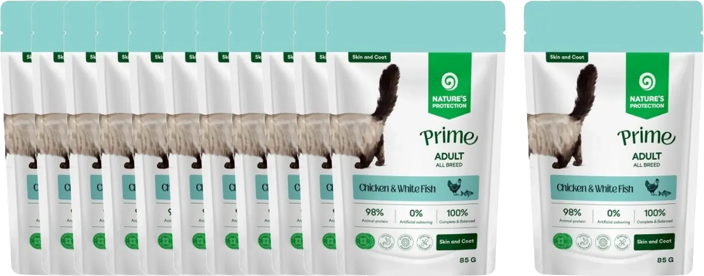 Влажный корм для кошек Nature's Protection Prime Skin and Coat кусочки в соусе курица белая рыба (12x85г) — фото 2
