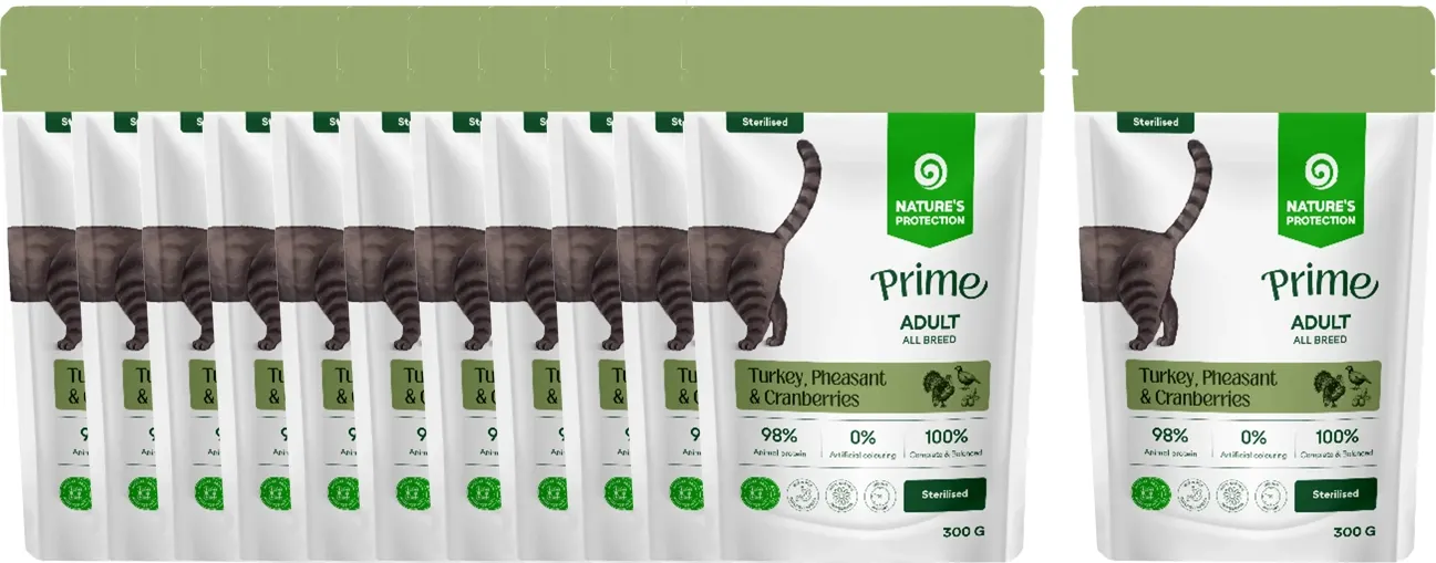 Влажный корм для кошек Nature's Protection Prime Sterilised Кусочки в соусе индейка, фазан, клюква (12x85г) — фото 2
