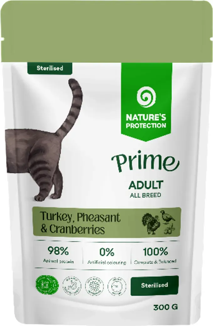 Влажный корм для кошек Nature's Protection Prime Sterilised Кусочки в соусе индейка, фазан, клюква (12x85г) — фото 3