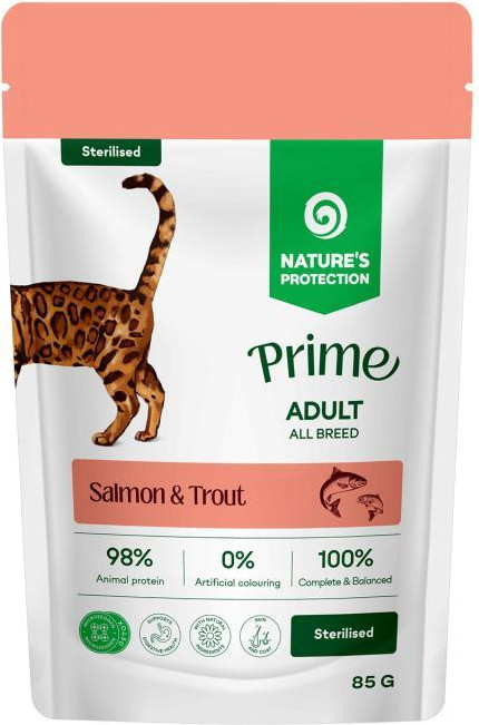 Влажный корм для кошек Nature's Protection Prime Sterilised Кусочки в соусе лосось, форель (12x85г) — фото 3