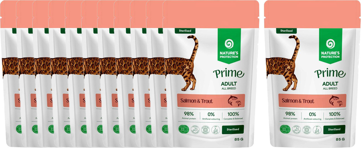 Влажный корм для кошек Nature's Protection Prime Sterilised Кусочки в соусе лосось, форель (12x85г) — фото 2