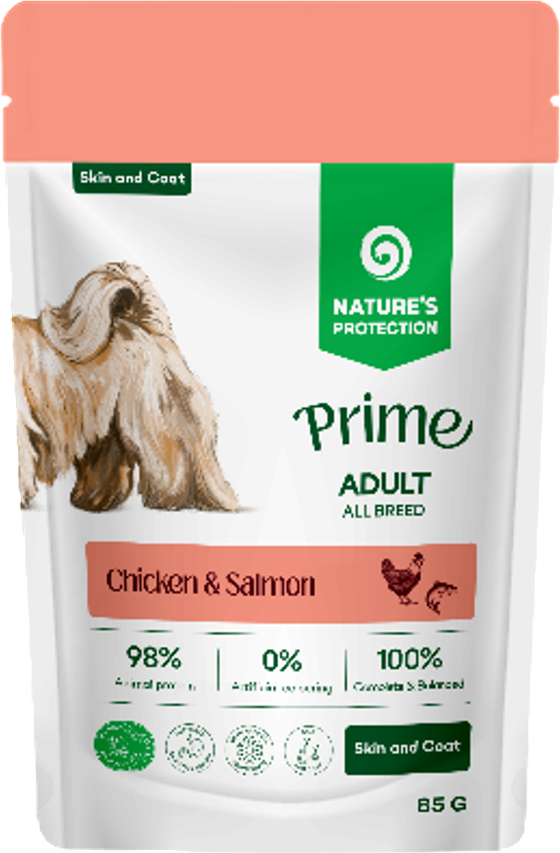 Влажный корм для собак Nature's Protection Prime Skin and Coat Кусочки в соусе курица, лосось (12x85г) — фото 3