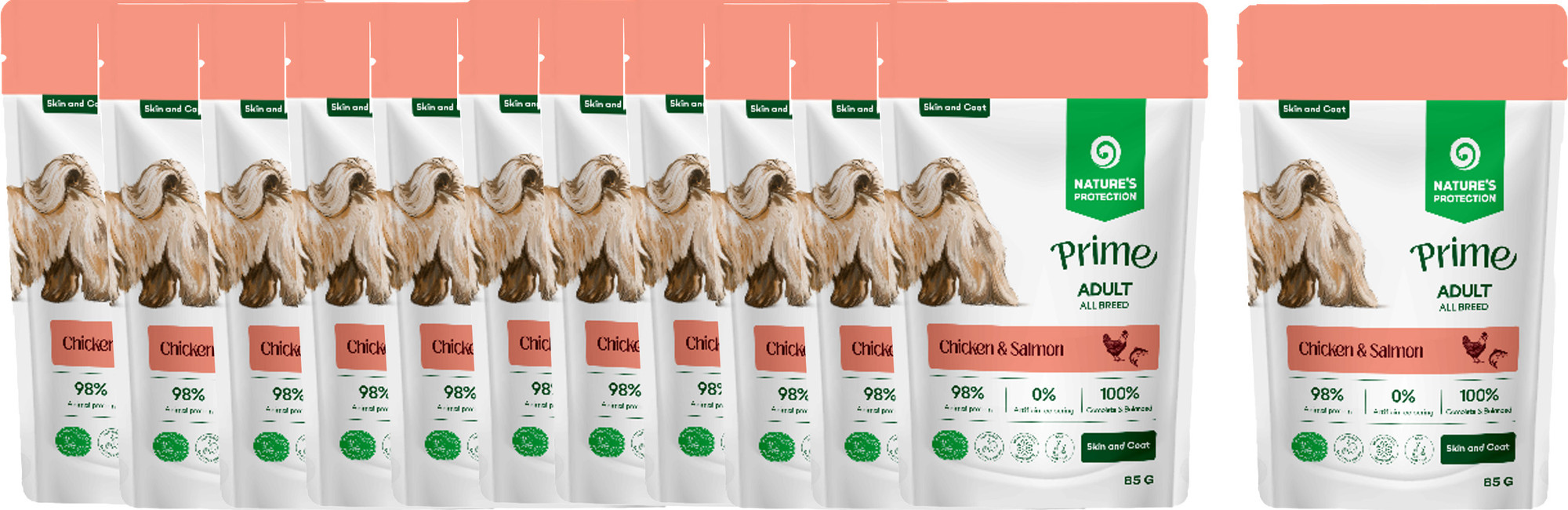 Влажный корм для собак Nature's Protection Prime Skin and Coat Кусочки в соусе курица, лосось (12x85г) — фото 2