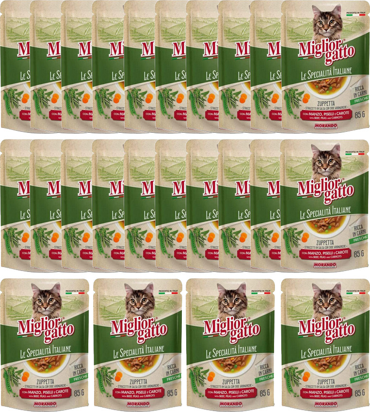 Влажный корм для кошек Miglior Gatto Le Specialita Italiane Полоски в соусе говяд./горох/морк. (24x85г) — фото 2
