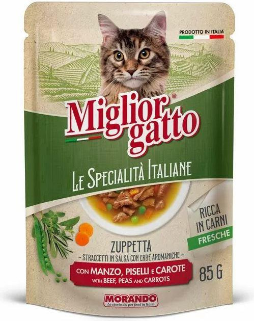 Влажный корм для кошек Miglior Gatto Le Specialita Italiane Полоски в соусе говяд./горох/морк. (24x85г) — фото 3