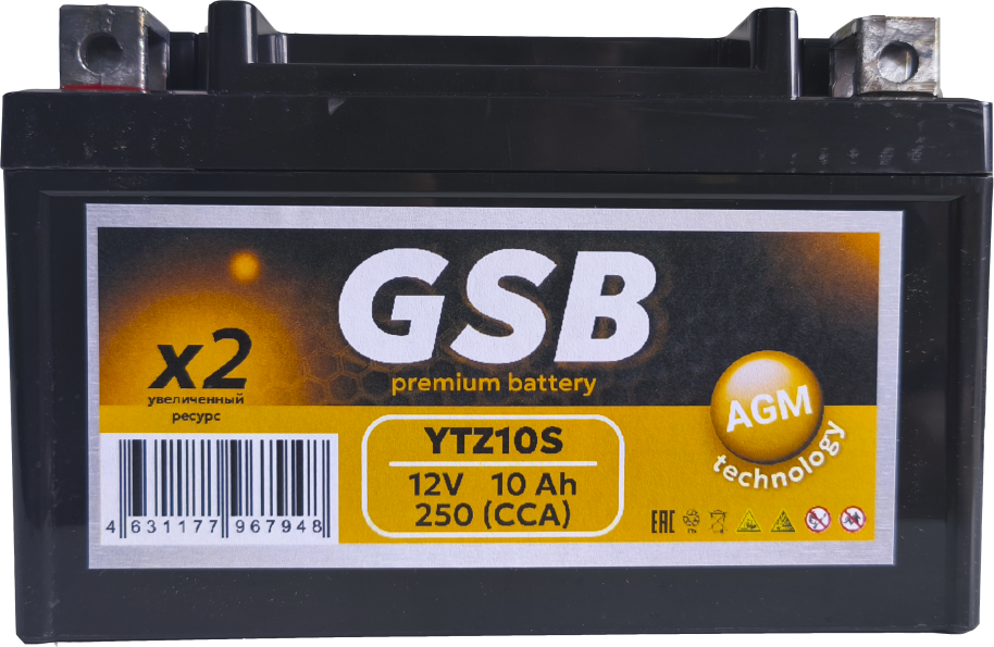 Мотоаккумулятор GSB (1) 250A / YTZ10S-BS (10 А/ч)