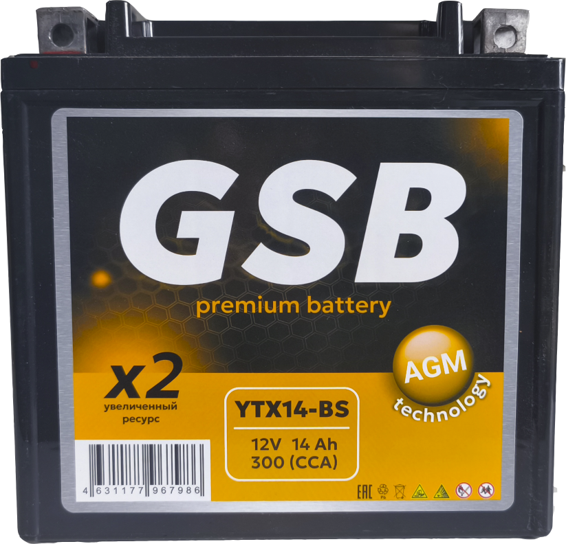 Мотоаккумулятор GSB (1) 300A / YTX14-BS (14 А/ч)