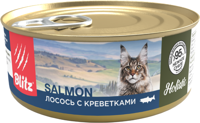 Влажный корм для кошек Blitz Pets Holistic Лосось с креветками Нежное суфле / 4126 (100г)