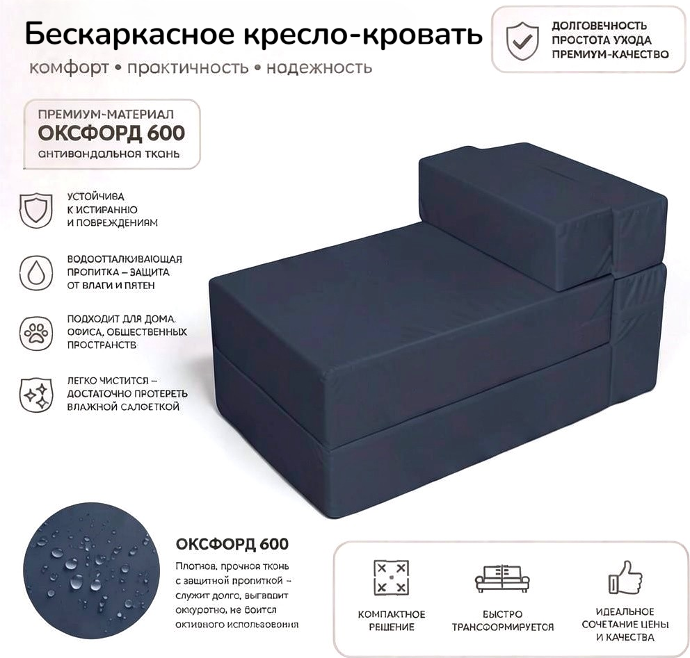 Бескаркасное кресло-кровать Mio Tesoro 50x170см / KK-50x170-TS (темно-синий) — фото 2
