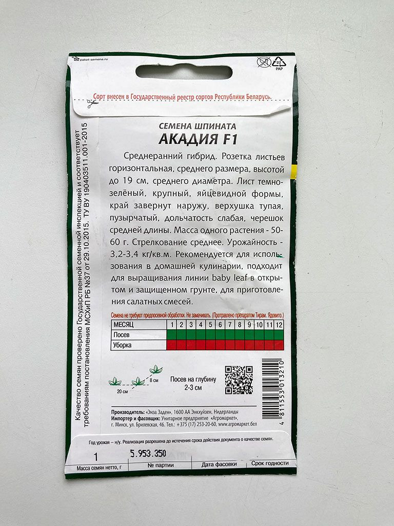 Семена Агромаркет Шпинат Акадия F1 (1г) — фото 2