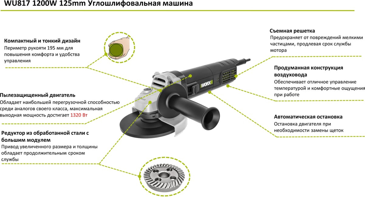 Профессиональная угловая шлифмашина Worx WU817 — фото 2