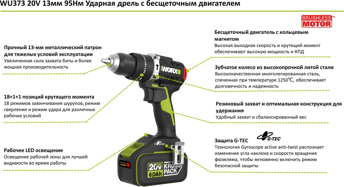 Аккумуляторная дрель-шуруповерт Worx WU373.91 — фото 2