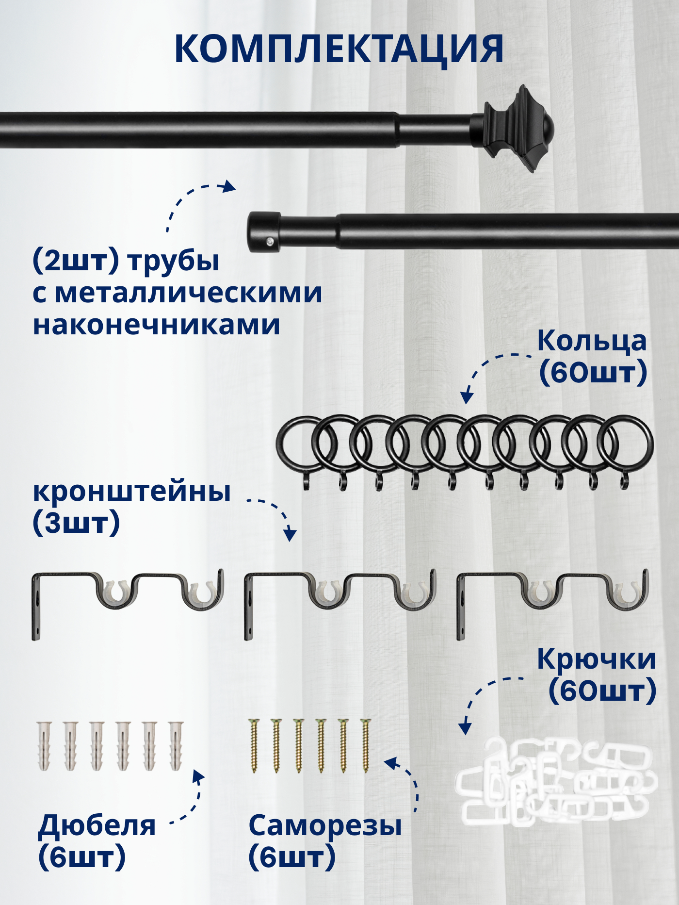 Карниз для штор Sundays Home Верди Раздвижной 16/19мм 2-х рядный (черный матовый, 1.6-3м) — фото 3