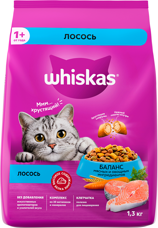 Сухой корм для кошек Whiskas подушечки с паштетом Лосось (1.3кг)