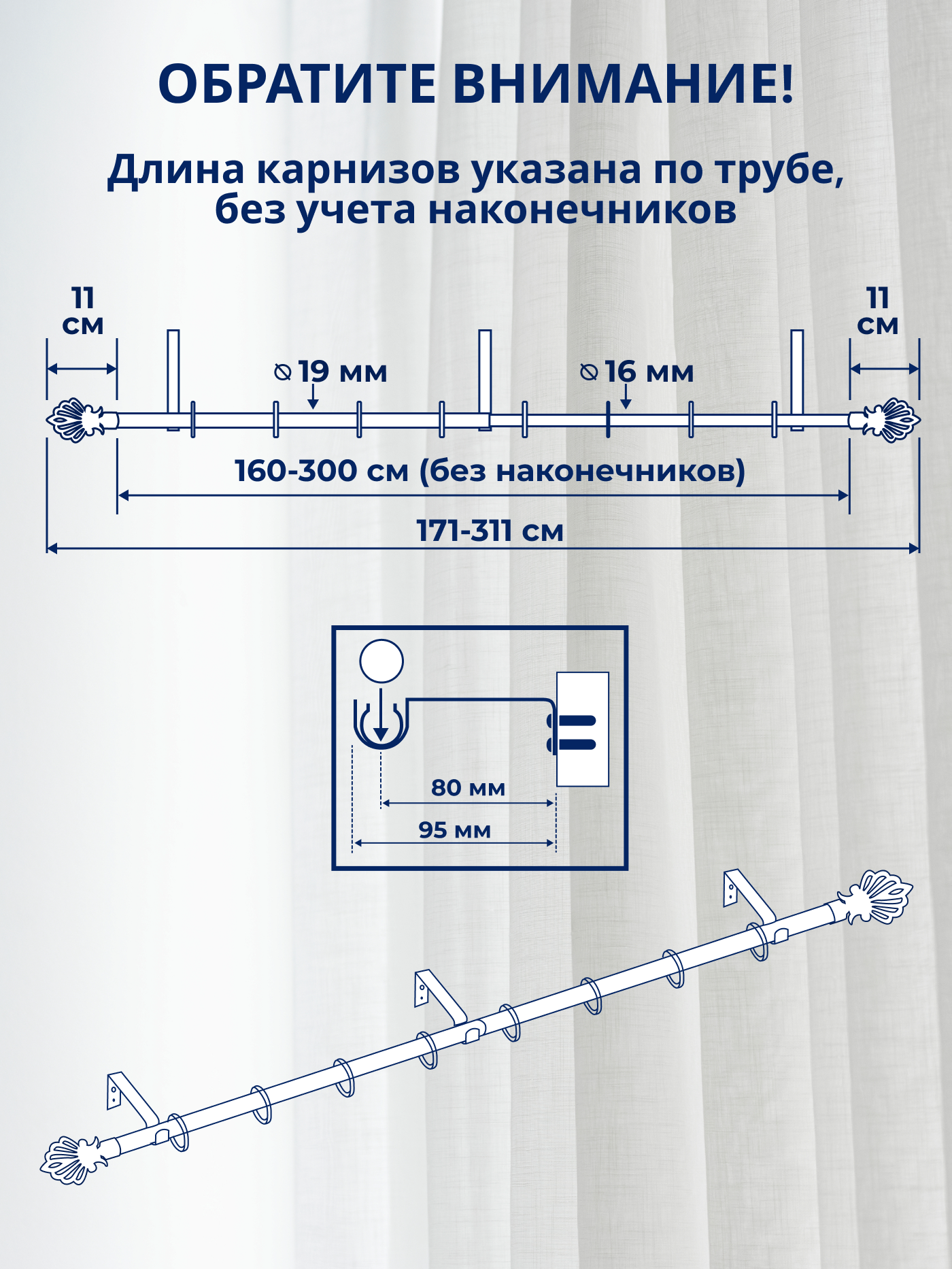 Карниз для штор Sundays Home Веер Раздвижной 16/19мм 1 рядный (белый глянец, 1.6-3м) — фото 4