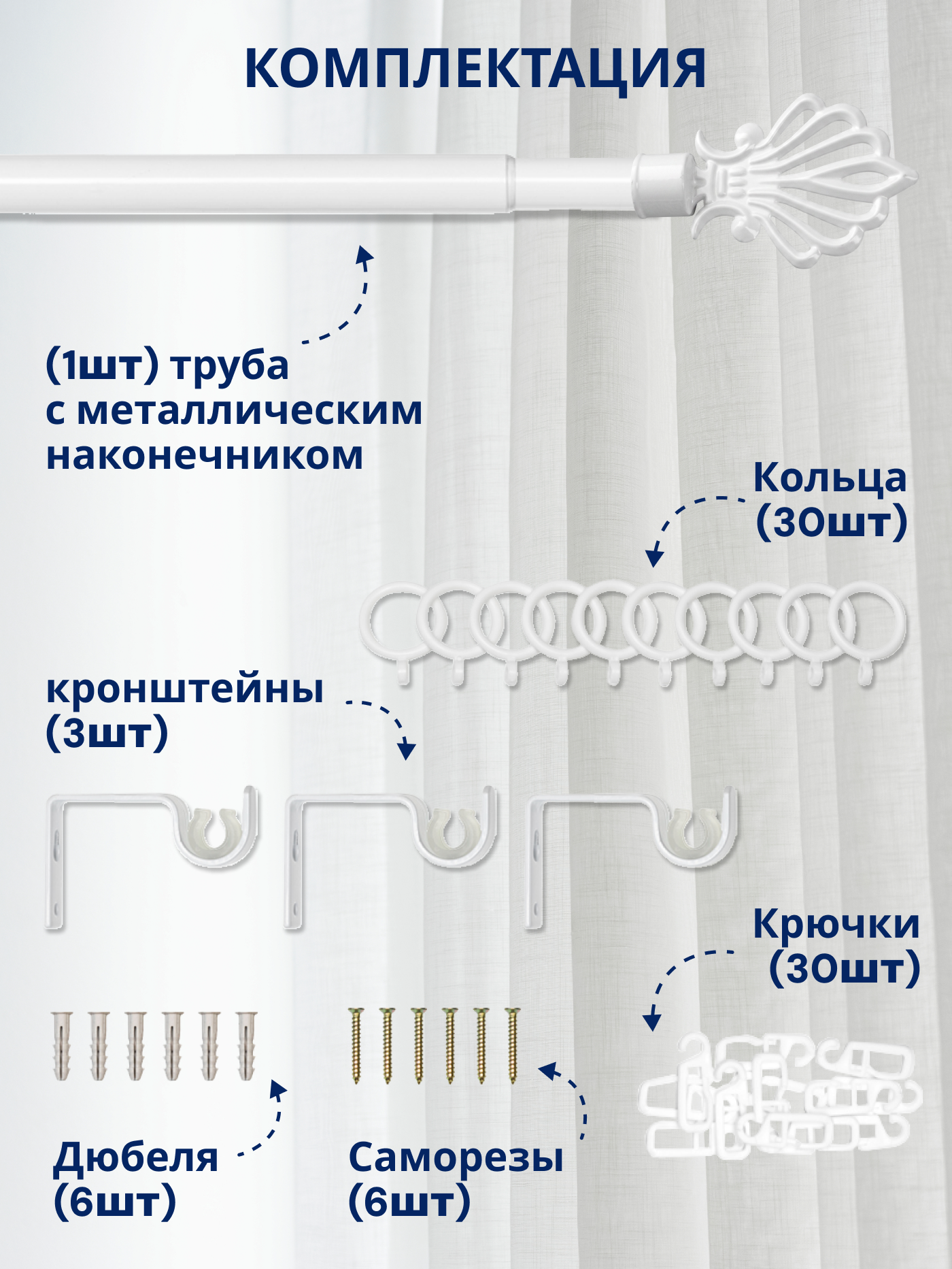 Карниз для штор Sundays Home Веер Раздвижной 16/19мм 1 рядный (белый глянец, 1.6-3м) — фото 3