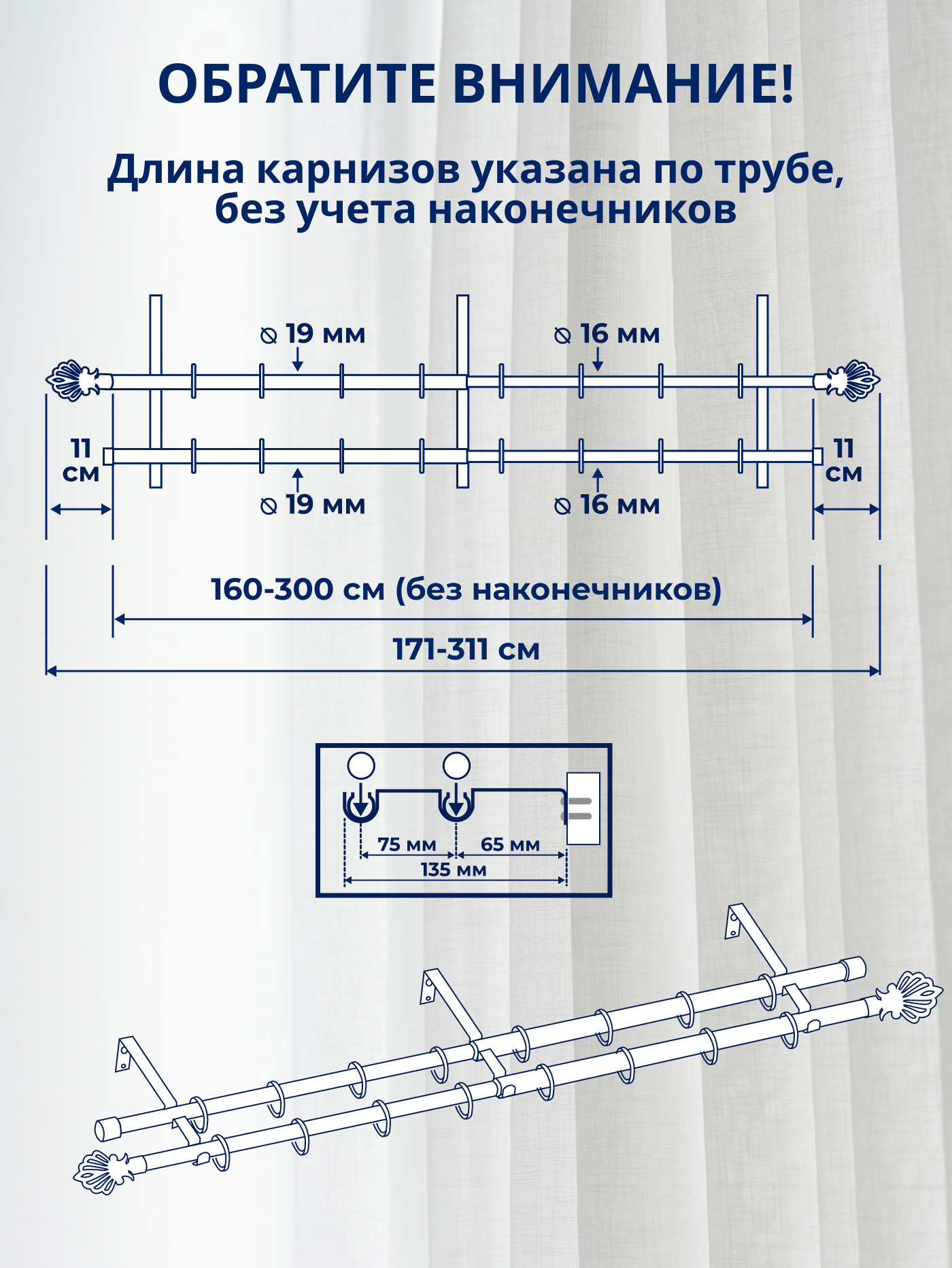 Карниз для штор Sundays Home Веер Раздвижной 16/19мм 2-х рядный (черный матовый, 1.6-3м) — фото 4