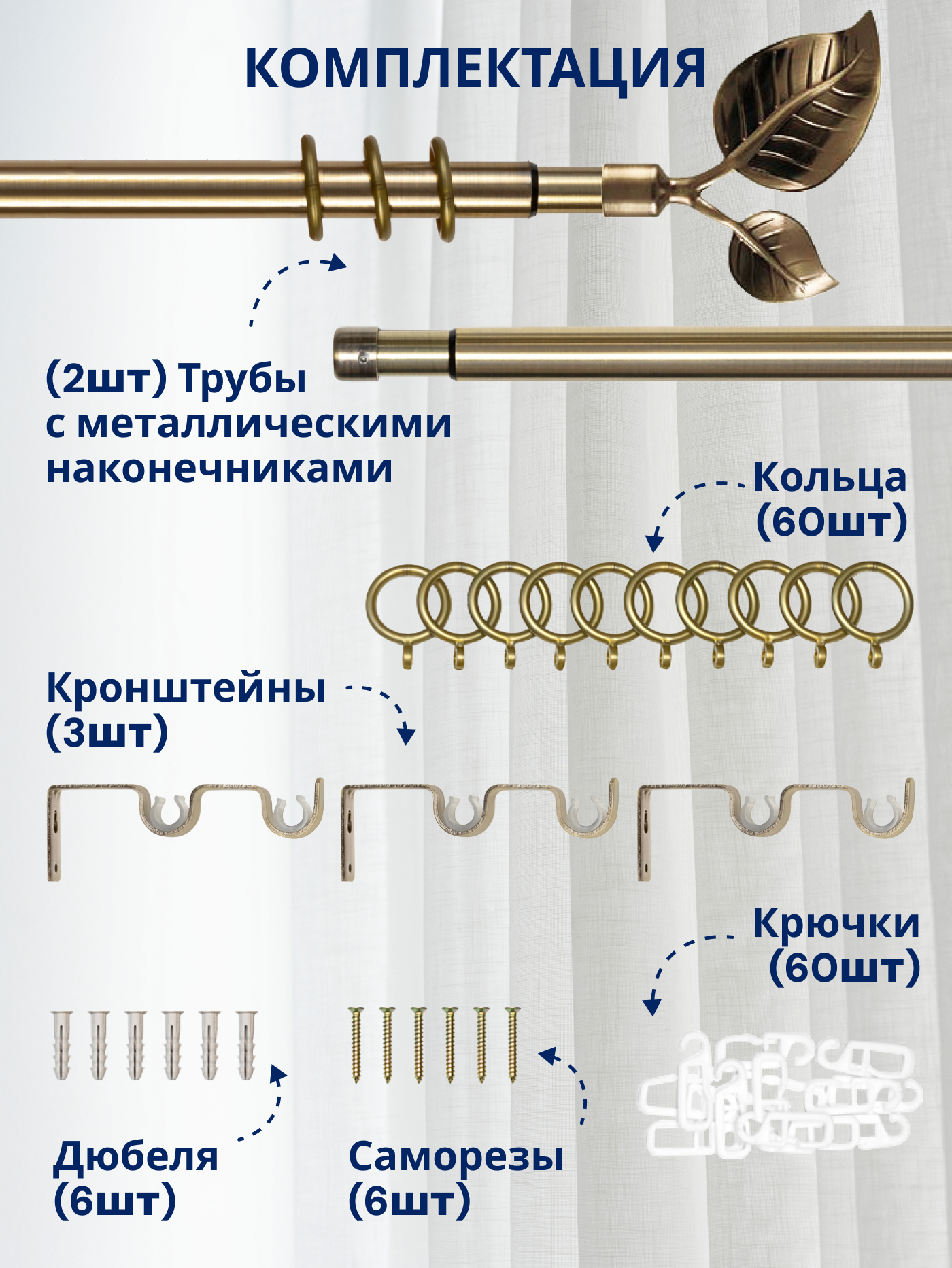 Карниз для штор Sundays Home Лист Раздвижной 16/19мм 2-х рядный (антик, 1.6-3м) — фото 3