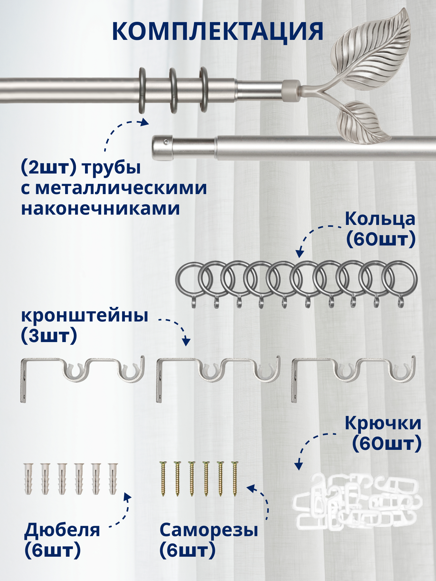 Карниз для штор Sundays Home Лист Раздвижной 16/19мм 2-х рядный (сатин, 1.6-3м) — фото 3
