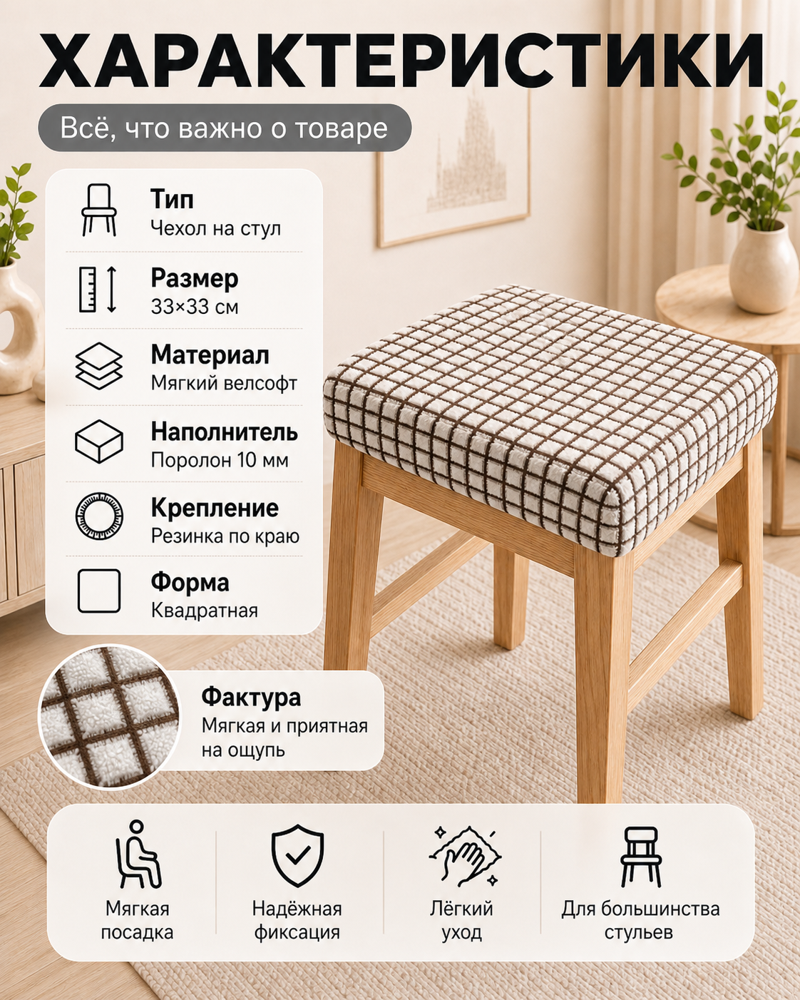 Чехол на стул Тридиал 33x33 Ч3010 (клетка бежевый) — фото 2