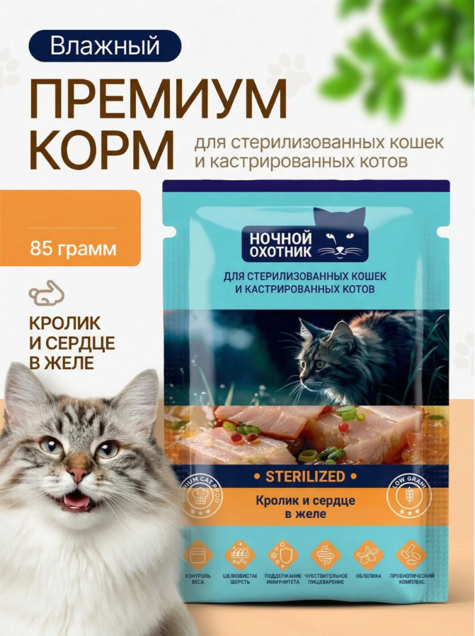 Влажный корм для кошек Ночной охотник Кролик и сердце в соусе для стерилизованных (85г) — фото 4