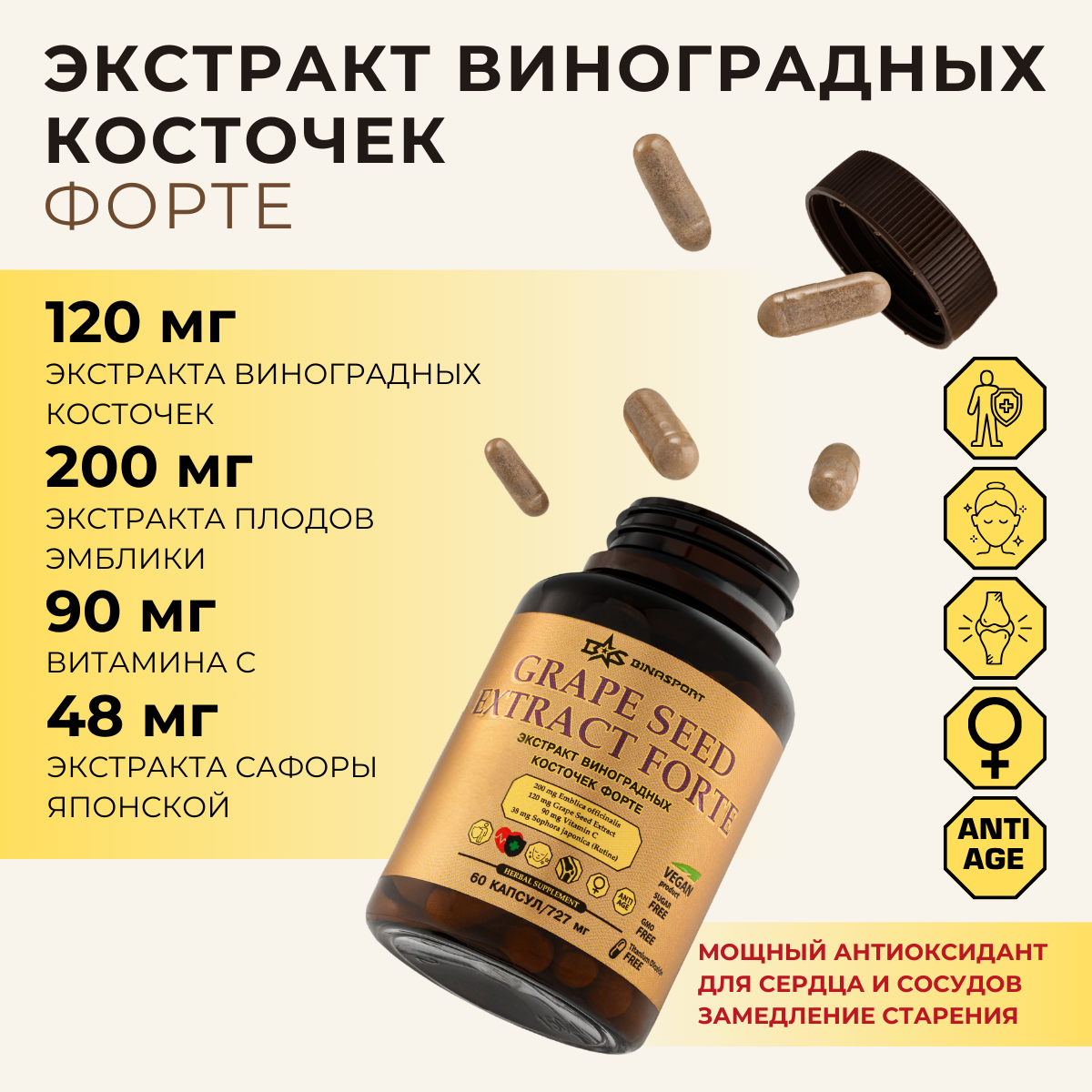 Пищевая добавка Binasport Экстракт виноградных косточек форте (60 капсул) — фото 2
