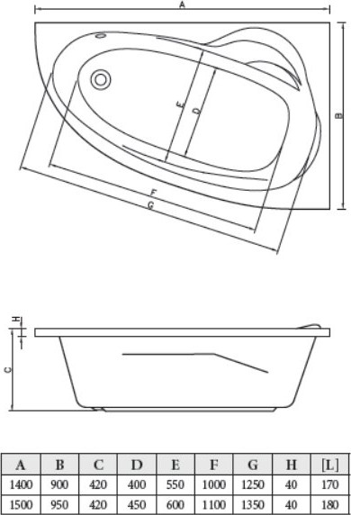 Ванна акриловая Bonito Home Emilia 140x90 L / BH-EM-103-140L/St+BH-EM-140L/P (с ножками и экраном) — фото 4