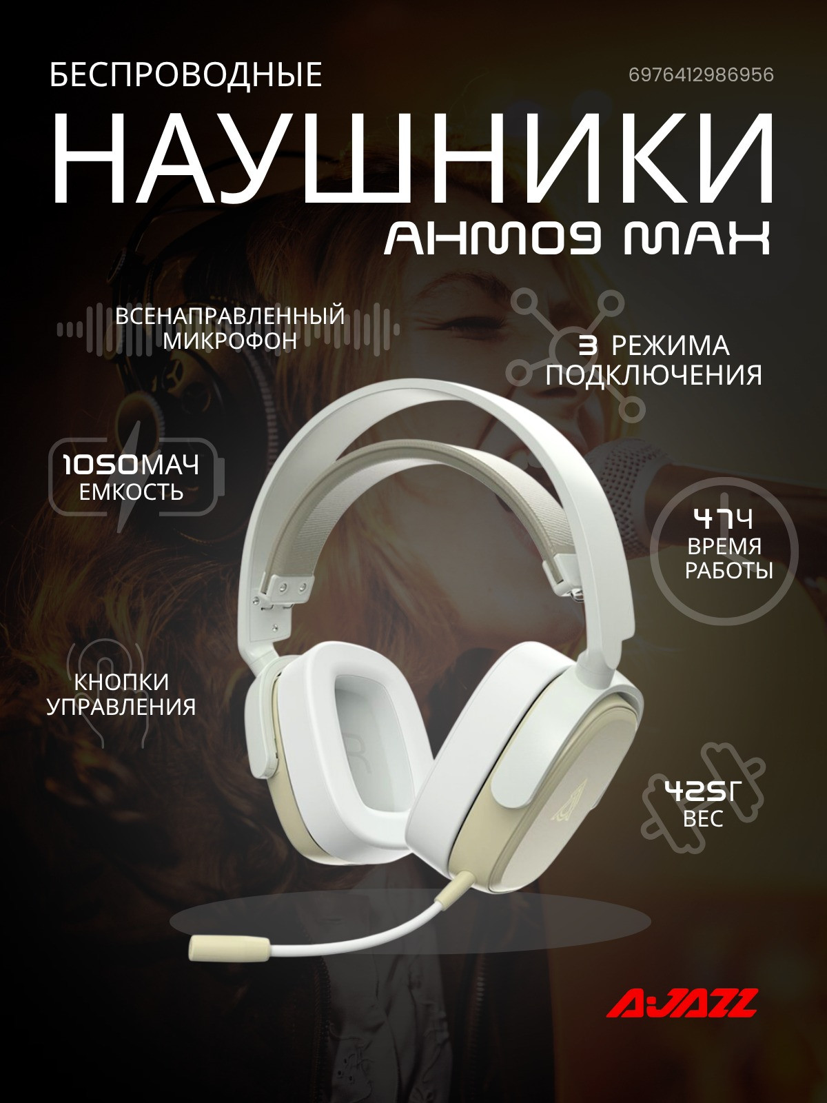 Беспроводные наушники Ajazz AHM09 MAX (серо-белые) — фото 2