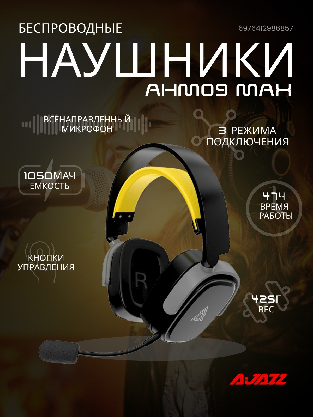 Беспроводные наушники Ajazz AHM09 MAX (черный/серый/желтый) — фото 2