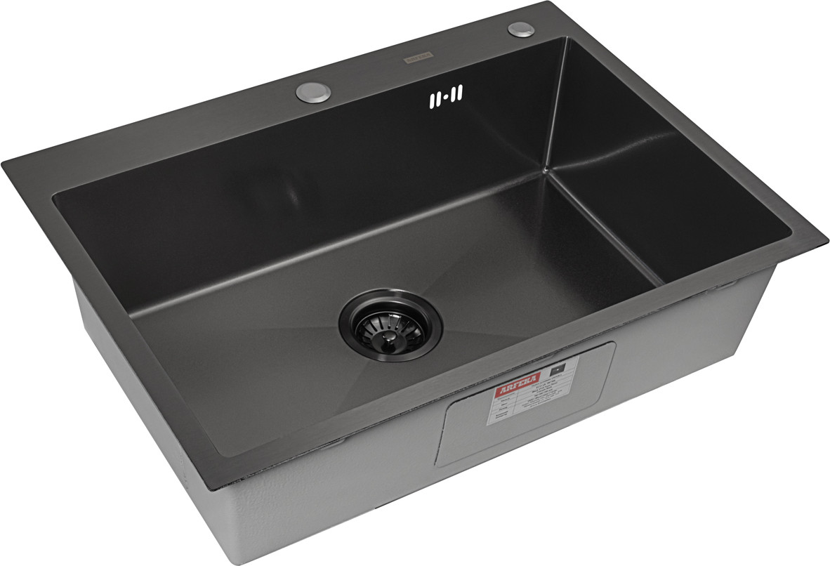 Мойка кухонная Arfeka Eco AR 70x50+CL AR G+DS AR (Black Decor Volcanic, с дозатором и коландером) — фото 3