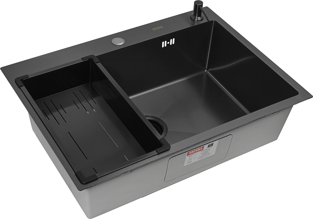Мойка кухонная Arfeka Eco AR 70x50+CL AR G+DS AR (Black Decor Volcanic, с дозатором и коландером) — фото 2