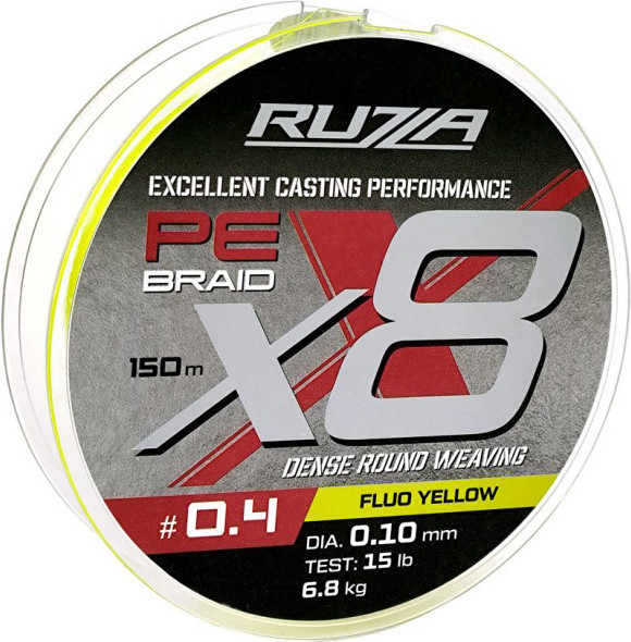 Леска плетеная RUZZA X8 150м Fluo Yellow 0.10мм 6.8кг/15lb / RBX8Y-010