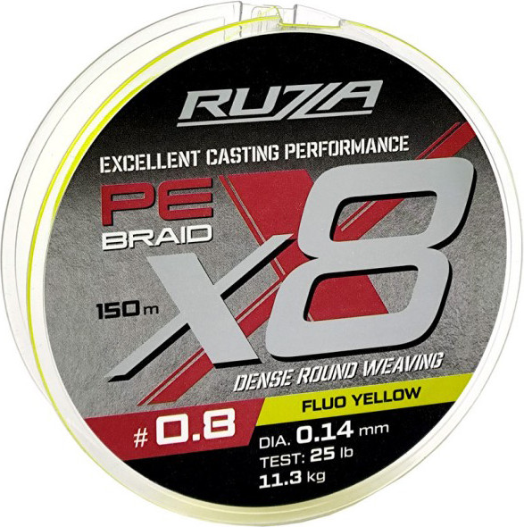 Леска плетеная RUZZA X8 150м Fluo Yellow 0.14мм 11.3кг/25lb / RBX8Y-014